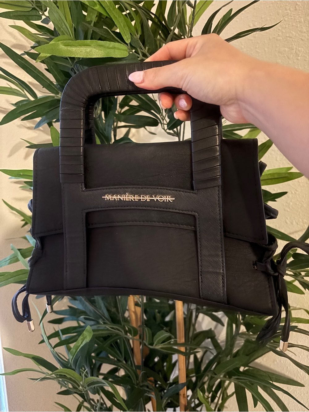 Maniere De Voir Black Structured Top-Handle Satchel with Gold Logo